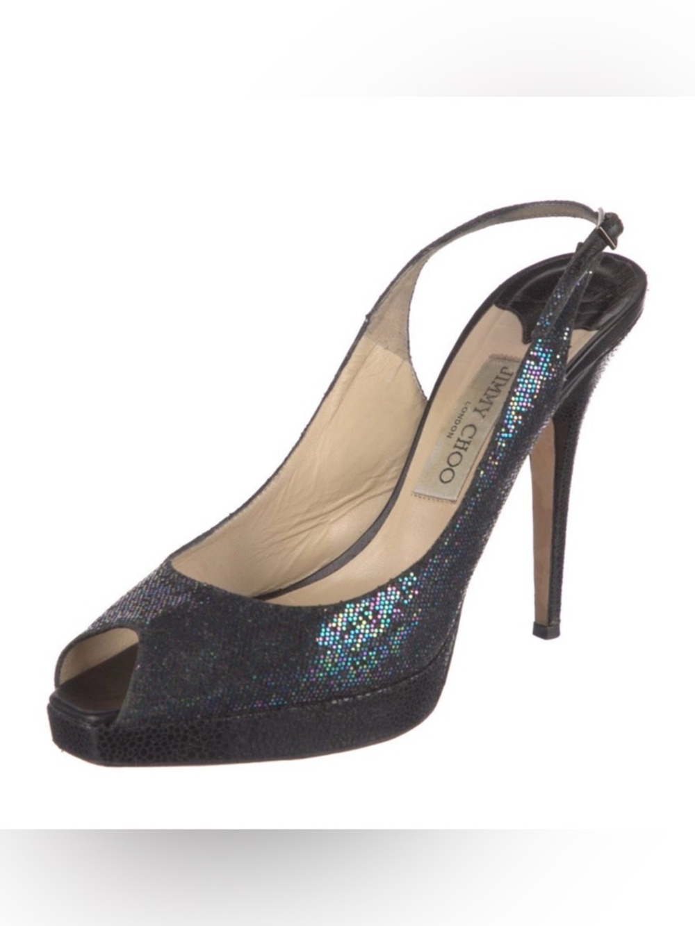 Jimmy Choo Black Iridescent Glitter Peep-Toe Slingbacks